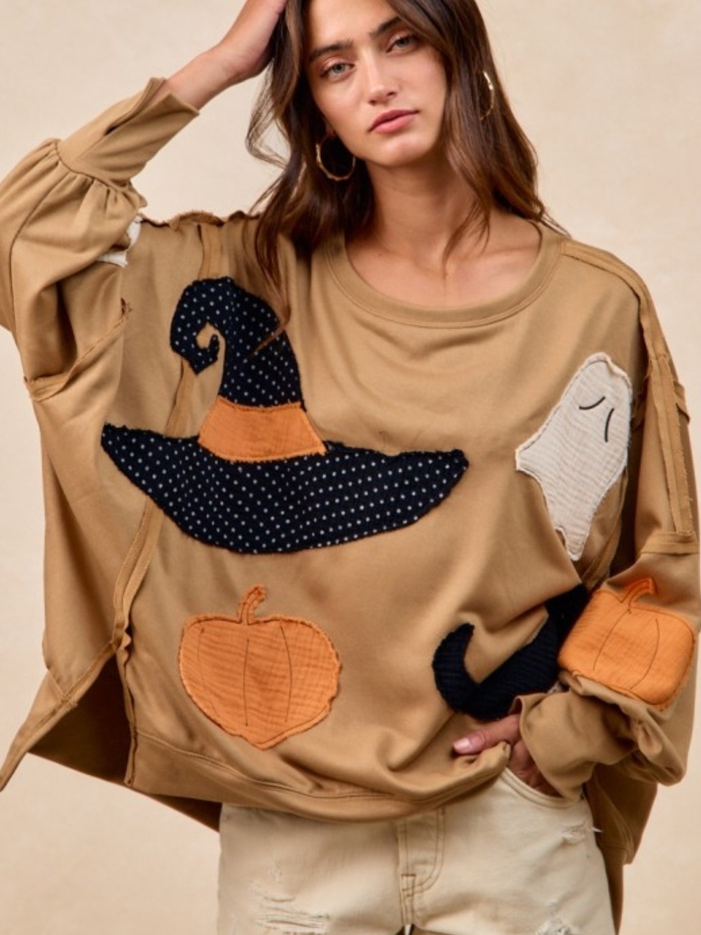 HALLOWEEN THEME PATCHWORK FRENCH TERRY SWEATSHIRT